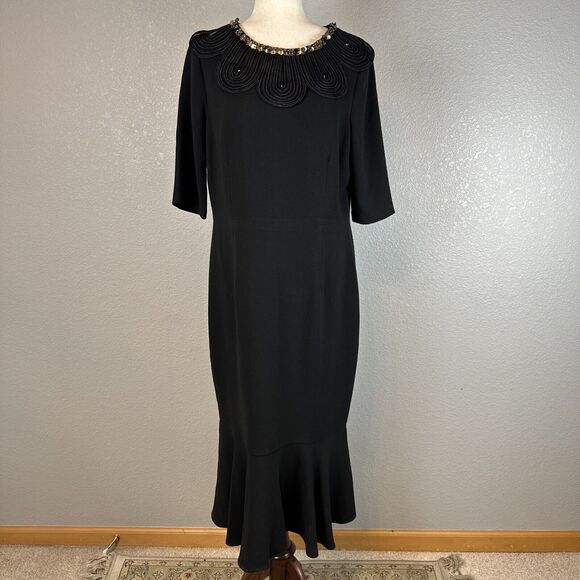 Teri Jon Rickie Freeman Flare Hem Long Maxi Dress Size 14 Black Ribbon Collar - Picture 1 of 9